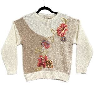 VTG Cottagecore Floral Sweater L Cream Knit Embroidered Coquette Soft Girl 90s